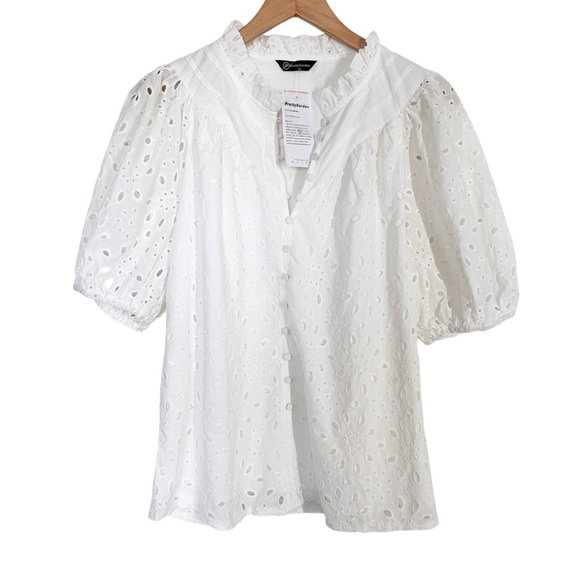 Pretty Garden Eyelet Short Lantern Puffy Sleeve  Blouse White Size Medium - Picture 2 of 7